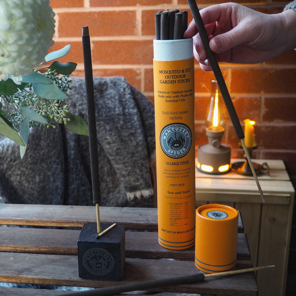 Nantucket Spider Mosquito Repellent Incense Sticks with Stone Holder, Sun & Sand Scent, Outdoor Use Only, 90+ Minute Burn Time, Essential Oil Blend