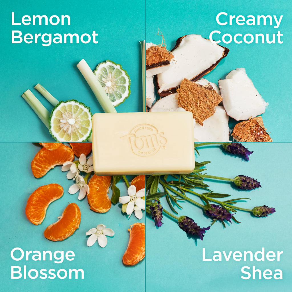 Tom’s of Maine Natural Bar Soap Variety Pack, Lavender & Shea, Creamy Coconut, Orange Blossom, Lemon Bergamot, Dermatologically Tested, Paraben Free, Vegan, 4 Count