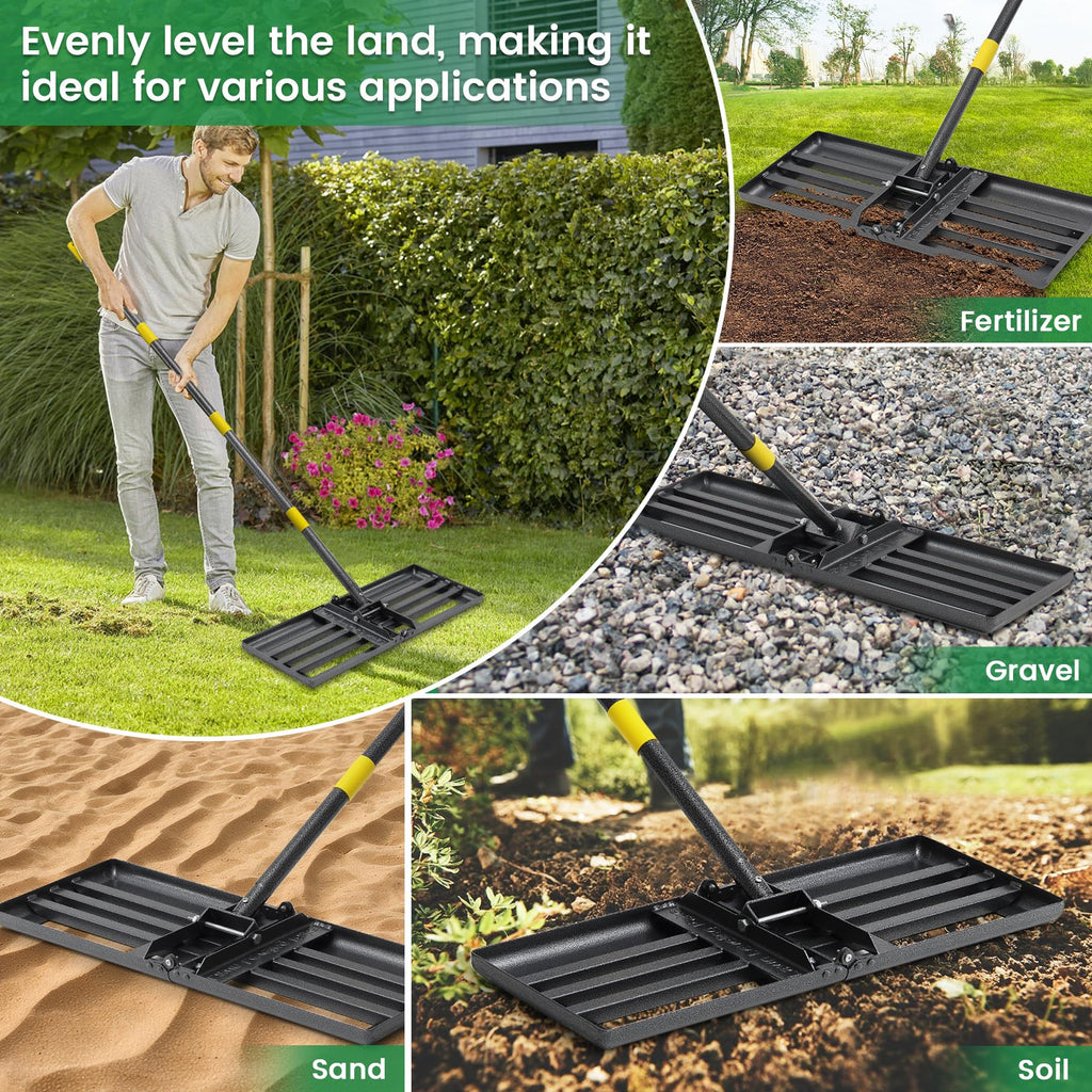 Lawn Leveling Rake - Heavy Duty 30" x 10" Lawn Leveler,Anti-Flip Edge, Adjustable 6FT Handle, Folding Plate for Yard, Soil, Sand, Topsoil,Gravel - Garden Ground Top Dressing,Landscaping tool