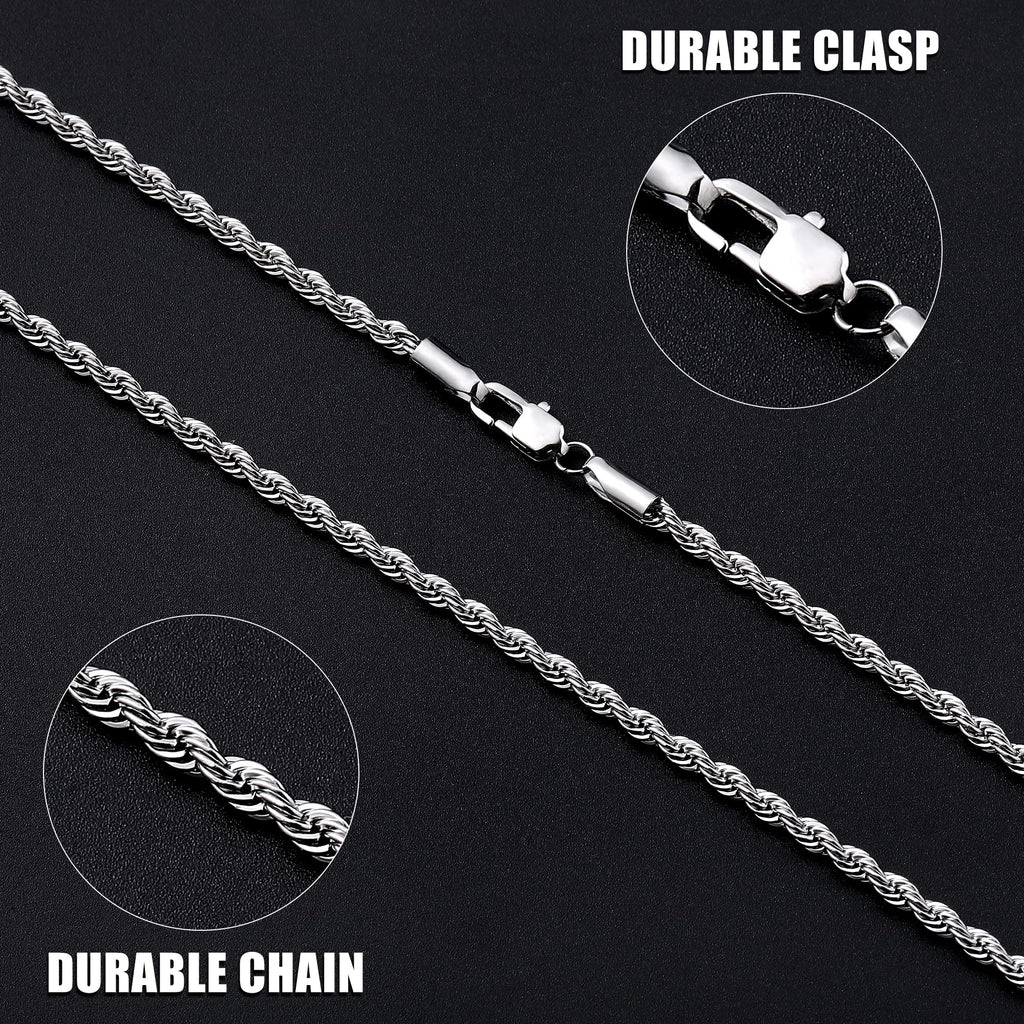 Fiusem Silver Chain Necklace for Men 3mm Stainless Steel Rope Chain 24 Inch