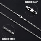 Fiusem Silver Chain Necklace for Men 3mm Stainless Steel Rope Chain 24 Inch