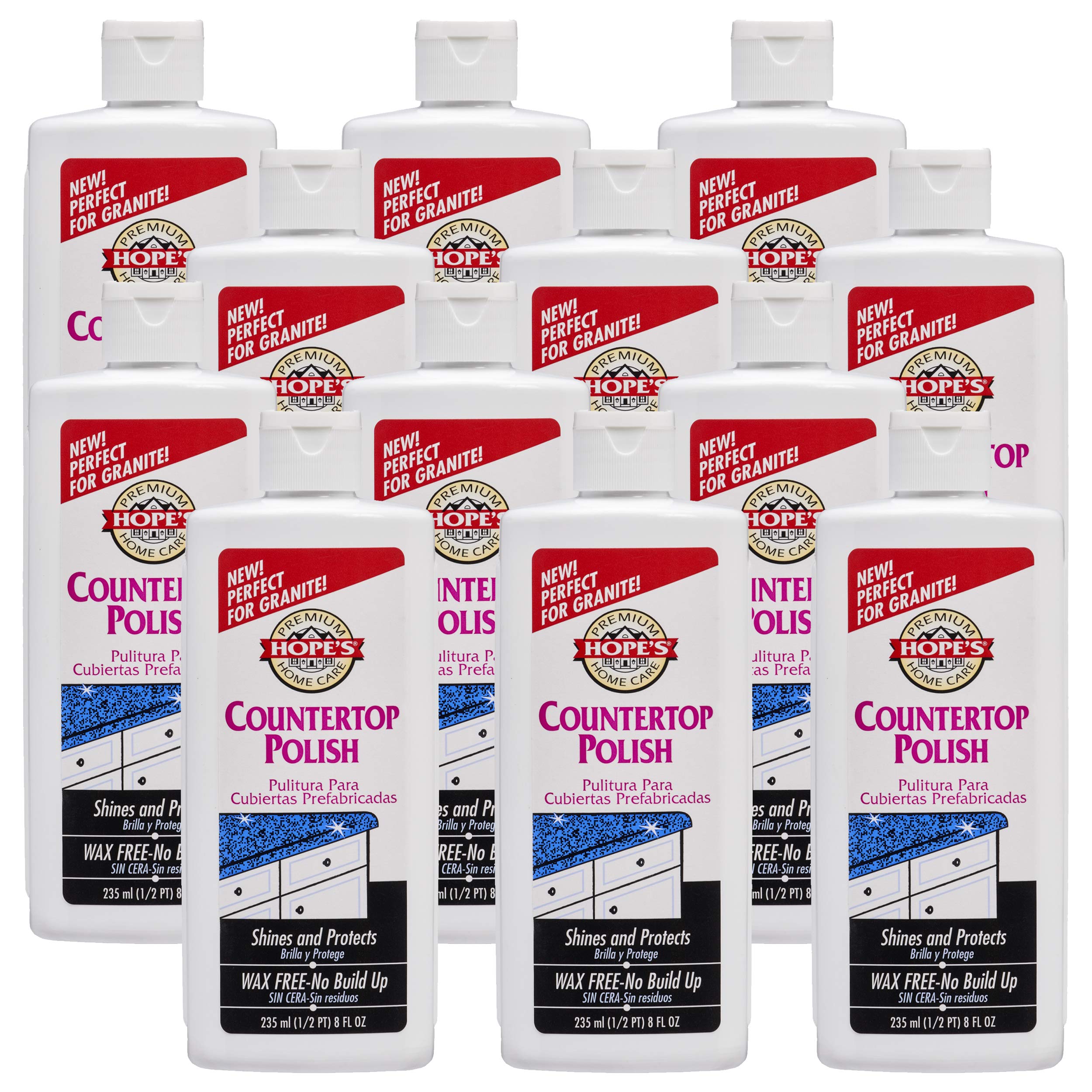 HOPE'S Countertop Restoration Polish, Streak-Free Kitchen Counter Cleaner, No Buildup on Countertops, Quartz, Marble, Corian, Composite, and Granite Polish, 8 Fl Oz, Pack of 12