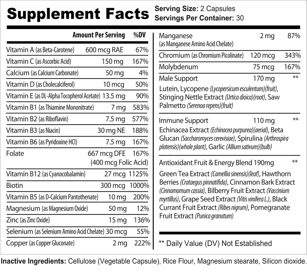Bradeson Naturals Men's Multivitamin Supplement for Energy, Focus and Performance. Mens Vitamins A, C, D, E & B12, Zinc, Calcium, Magnesium & More. Multi Vitamin 60 Capsules Made in The USA