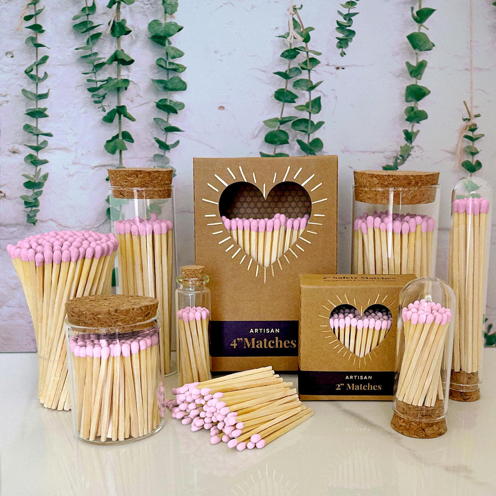2" Light Pink Tip Safety Matches | Set of 200+ Bulk Artisan Matchsticks with Striker Stickers by Thankful Greetings | Decorative & Unique Candle Lighting, Home Decor, Wedding Giveaways, & Events