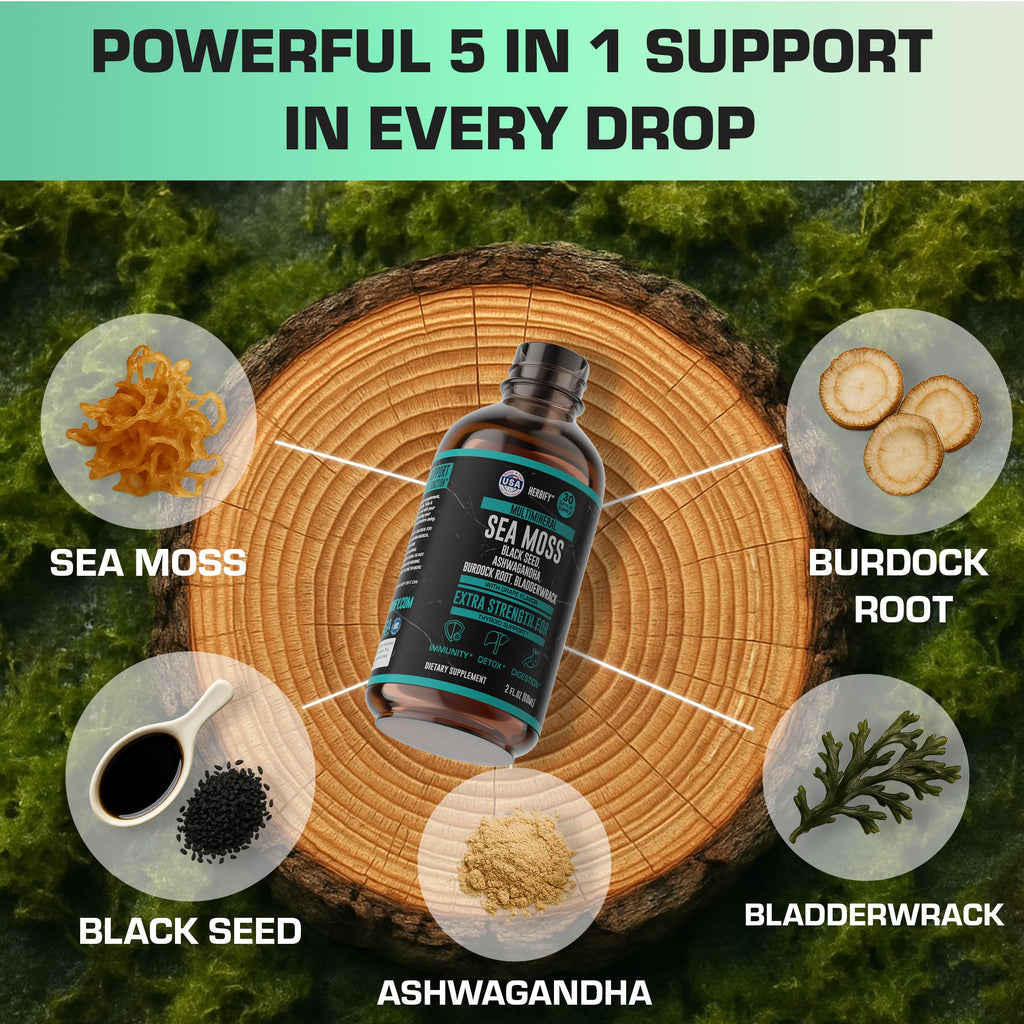 Thyroid Support Supplement with Sea Moss, Bladderwrack, Ashwagandha, Black Seed & Burdock Root - Natural Iodine for Healthy Thyroid Function, Energy & Metabolism - Grape Flavor, 2 Fl Oz, Made in USA