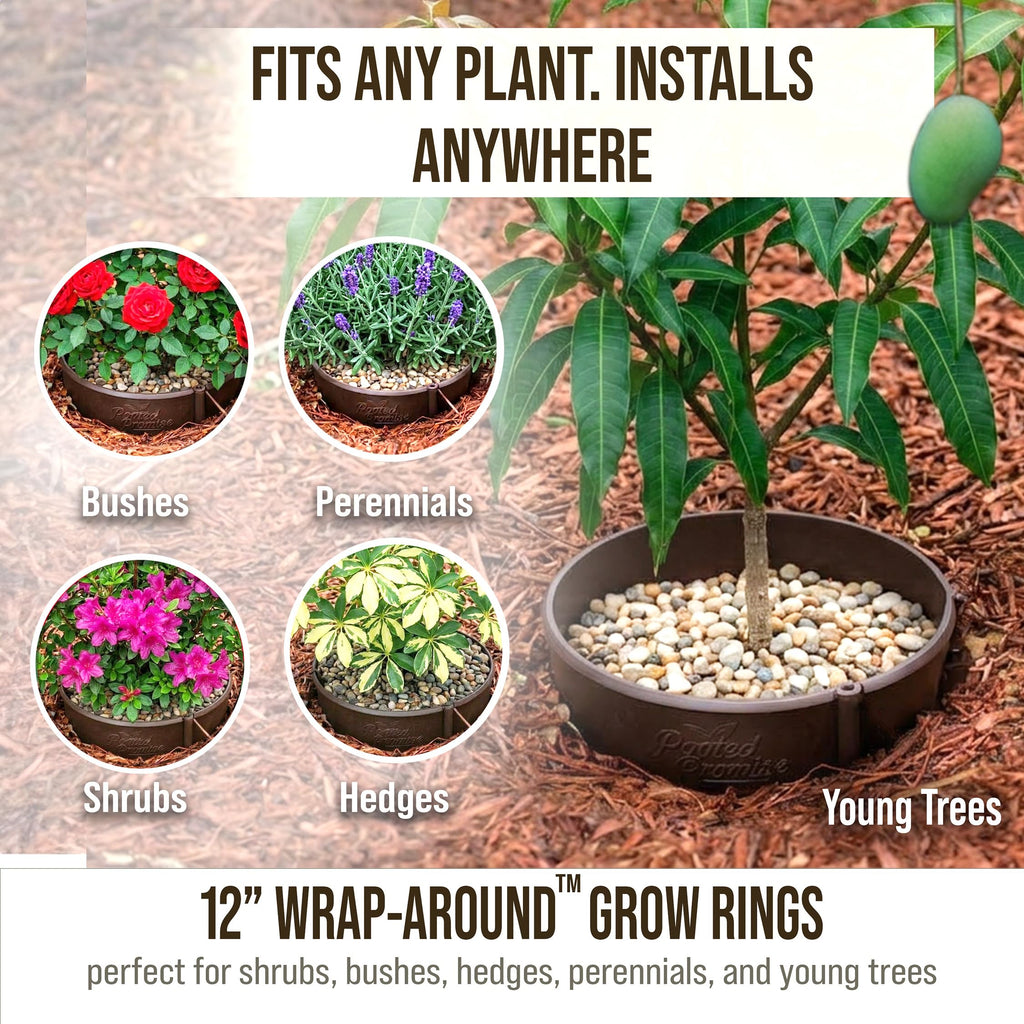 12 Inch Wrap-Around Adjustable Planting Grow Rings | 3 Pack | Brown | Install Around Existing Plants | Square Foot Gardening | Trimmer Protection and Mulch Barrier | Heavy Duty | Made in USA