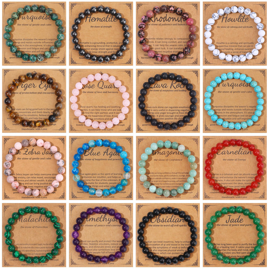 FINZOR 16 PCS Healing Crystal Bracelet for Women Men 8mm Natural Stone Beaded Bracelets Round Gemstones Stretch Bead Bracelet Birthday Gifts