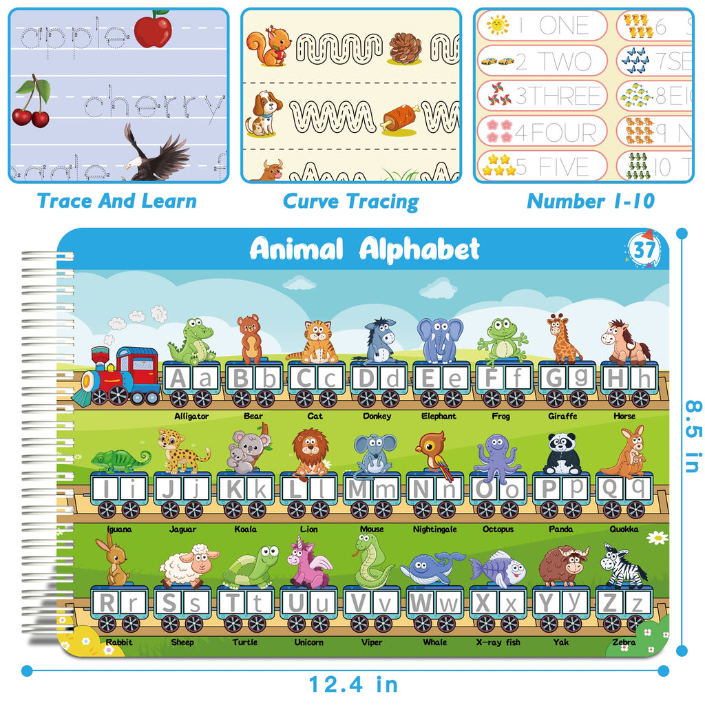 Handwriting Practice Book for kids, Toddlers Preschool Learning Activity 40 Pages Autism Educational Montessori Toys Learn Number Letters Shapes Animal & Sight Words Workbook with 8 Dry Erase Markers