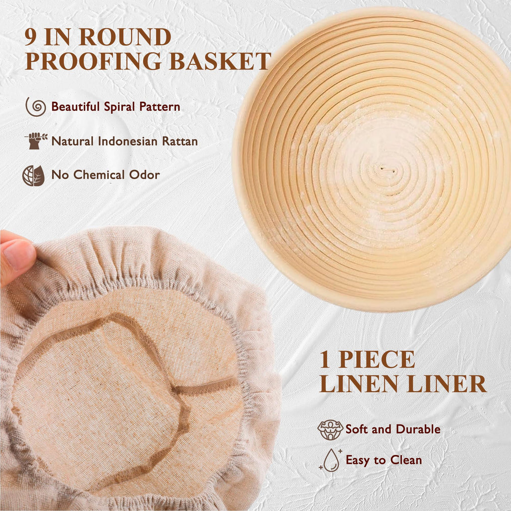 Complete Sourdough Starter Kit, Banneton Bread Proofing Basket with Glass Sourdough Starter Jar, Sourdough Bread Baking Supplies, 9'' Round Bread Proofing Basket, Sourdough Starter for Bread Making Baking Fermentation