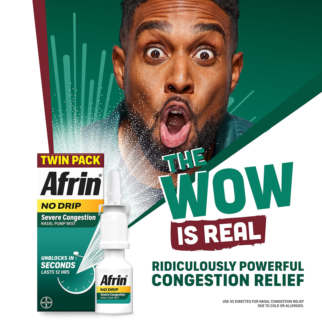 Afrin No Drip Severe Congestion Nasal Mist Twin Pack, Non-Drowsy, Fast-Acting Decongestant for Nasal Congestion and Sinus Pressure Relief, Adults and Children 6 and Older, .5 fl oz (Pack of 2)