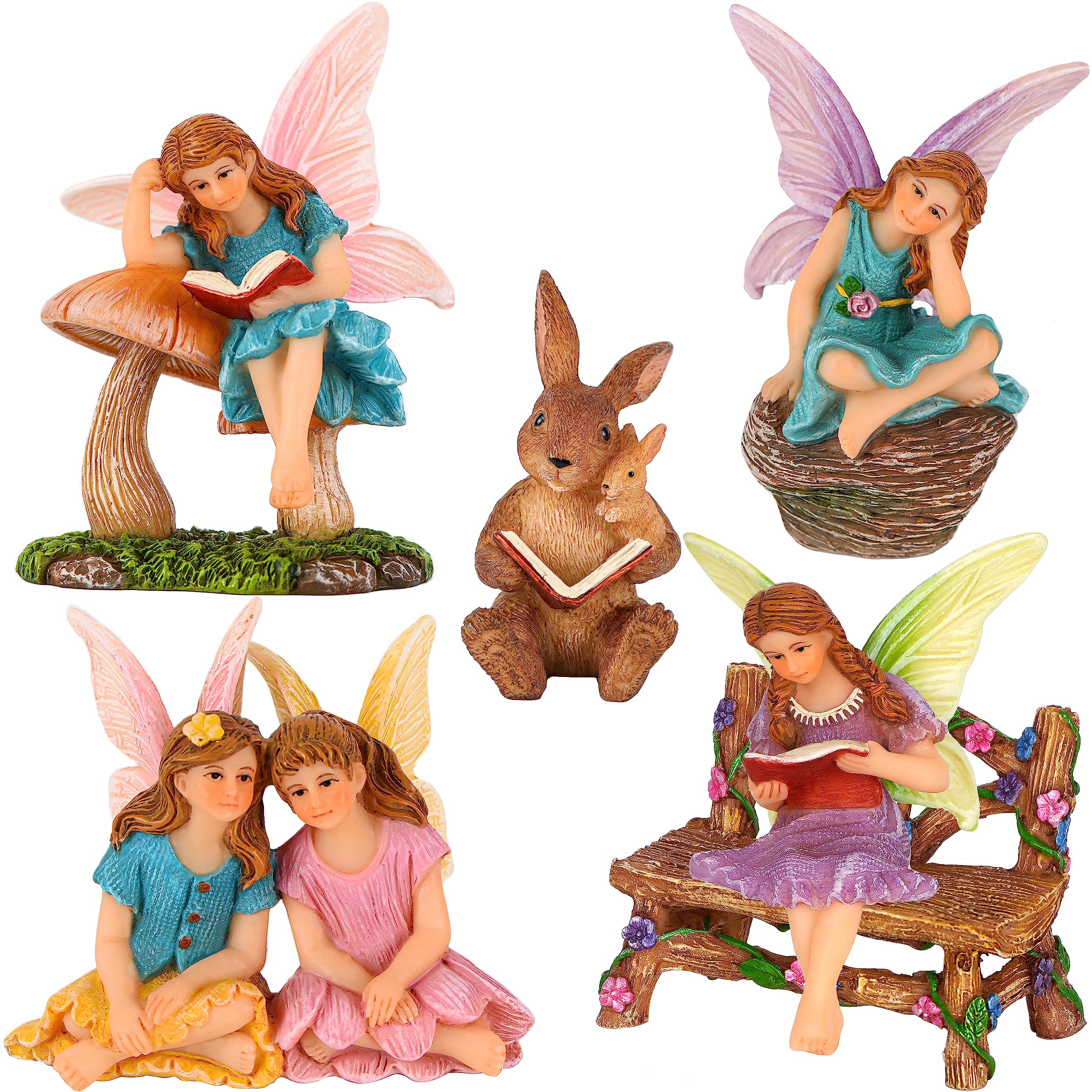 Mood Lab Fairy Garden Figurines - Reading Fairies Set (6 pcs) - Miniature Decorative Statues & Accessories - Outdoor & Indoor Garden Decor
