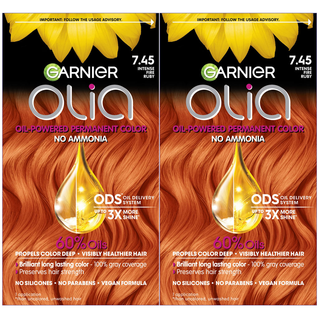 Garnier Olia Bold Ammonia Free Permanent Hair Color (Packaging May Vary), 7.45 Intense Fire Ruby, Red Hair Dye, 2 Count
