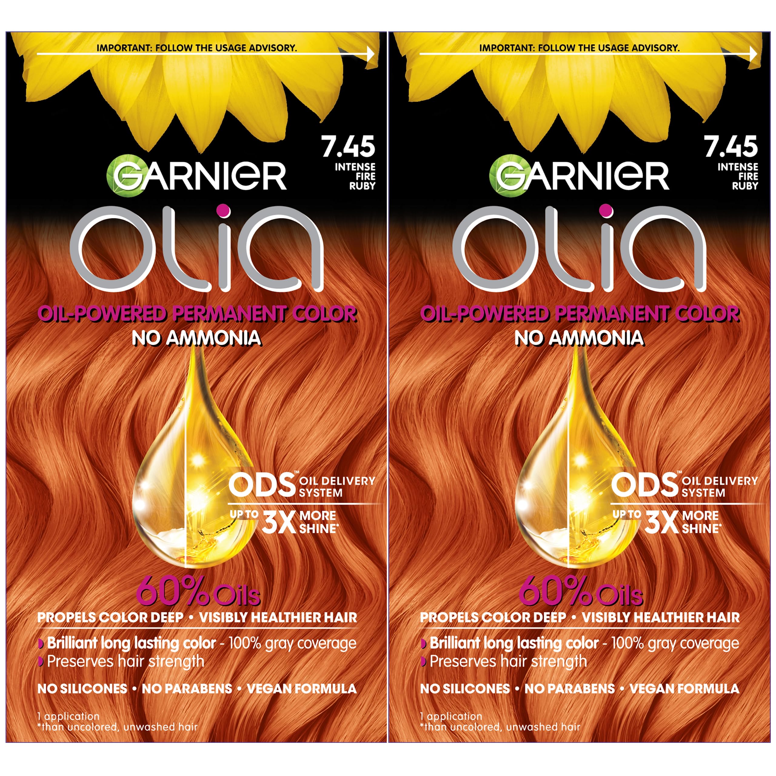Garnier Olia Bold Ammonia Free Permanent Hair Color (Packaging May Vary), 7.45 Intense Fire Ruby, Red Hair Dye, 2 Count