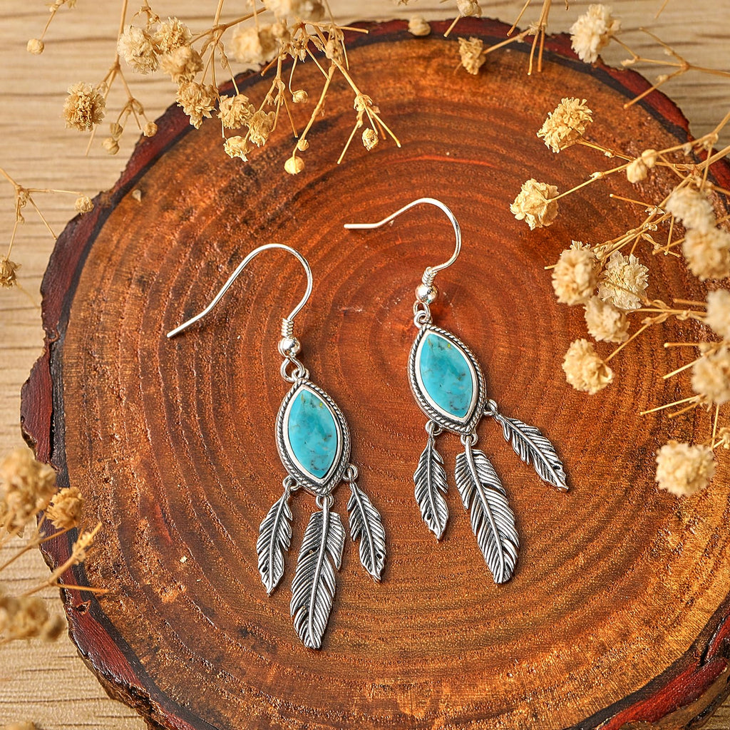 AVECON 2CT Marquise Turquoise Dangle Earrings for Women, Feather Jewelry