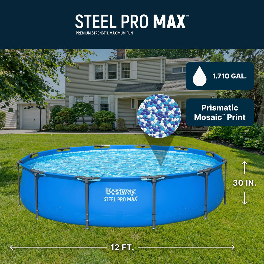 Bestway Steel Pro MAX 12’ x 30" Above Ground Pool, Round Metal Frame Outdoor Swimming Pool for Backyard, Blue, Pool ONLY
