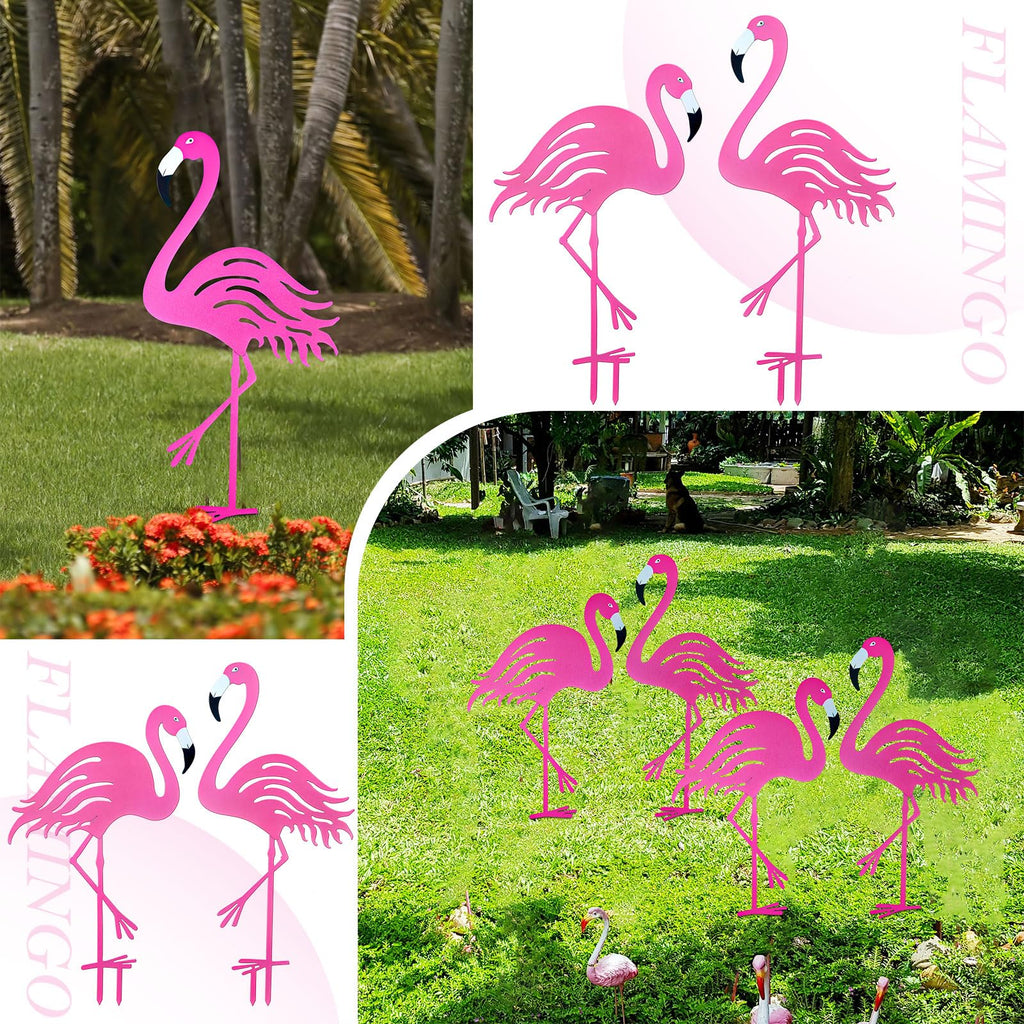 Riakrum 4 Pcs Flamingos Outdoor Yard Decor Pink Metal Flamingos for Yard Garden Large Bird Statue Ornaments for Lawn, Patio Outside Art Decor