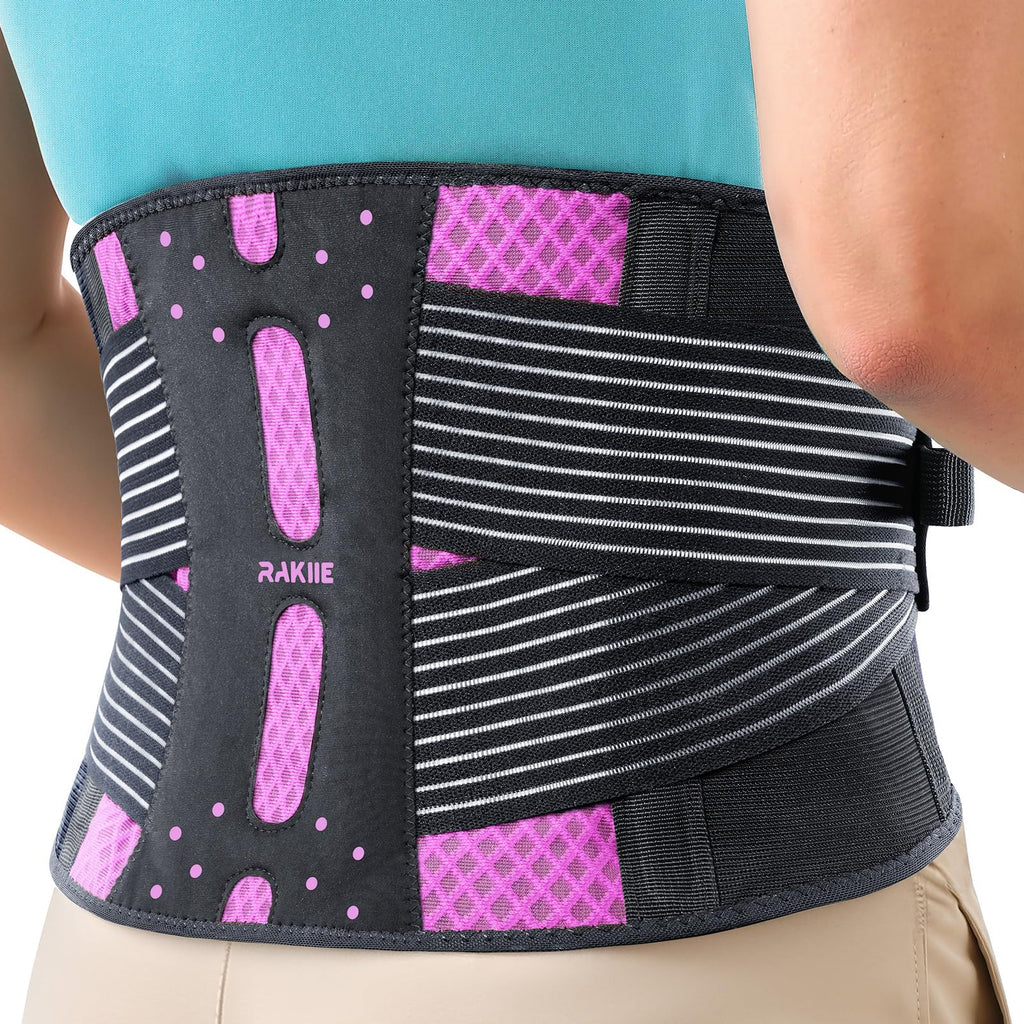 Rakiie Slim Back Brace for Lower Back Pain Relief, Lightweight & Breathable Back Support Brace for Men Women, Ergonomic Light Lumbar Support for Everyday Wear, Pink S