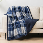 PAVILIA Twin Plaid Sherpa Throw Blanket for Couch Sofa Bed, Navy, 60x80