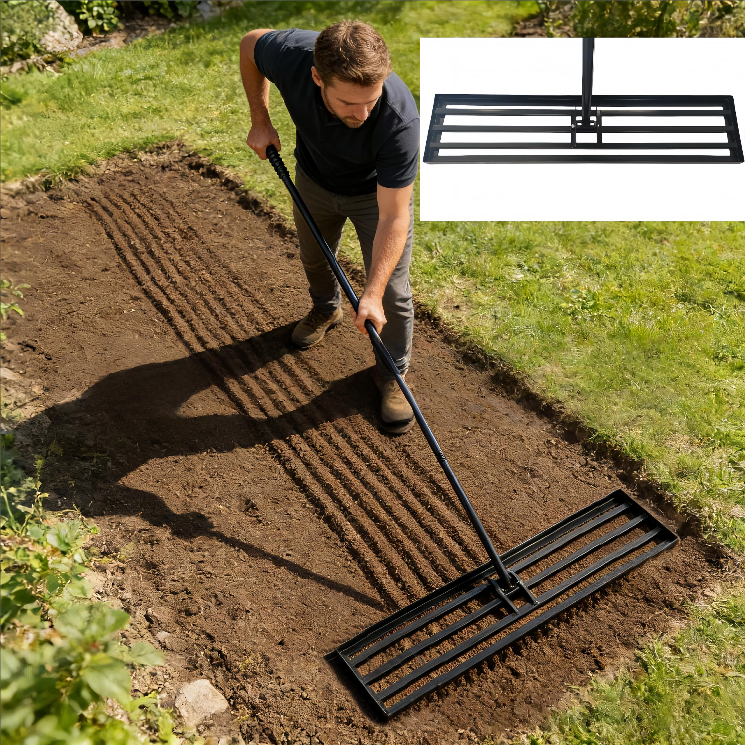 Lawn Leveling Rake, 42” x 10” Leveling Rake，Lawn Leveler w/ 72” Long Non-Slip Handle, Level Lawn Tool for Grass, Golf Field, Level Soil or Dirt Ground
