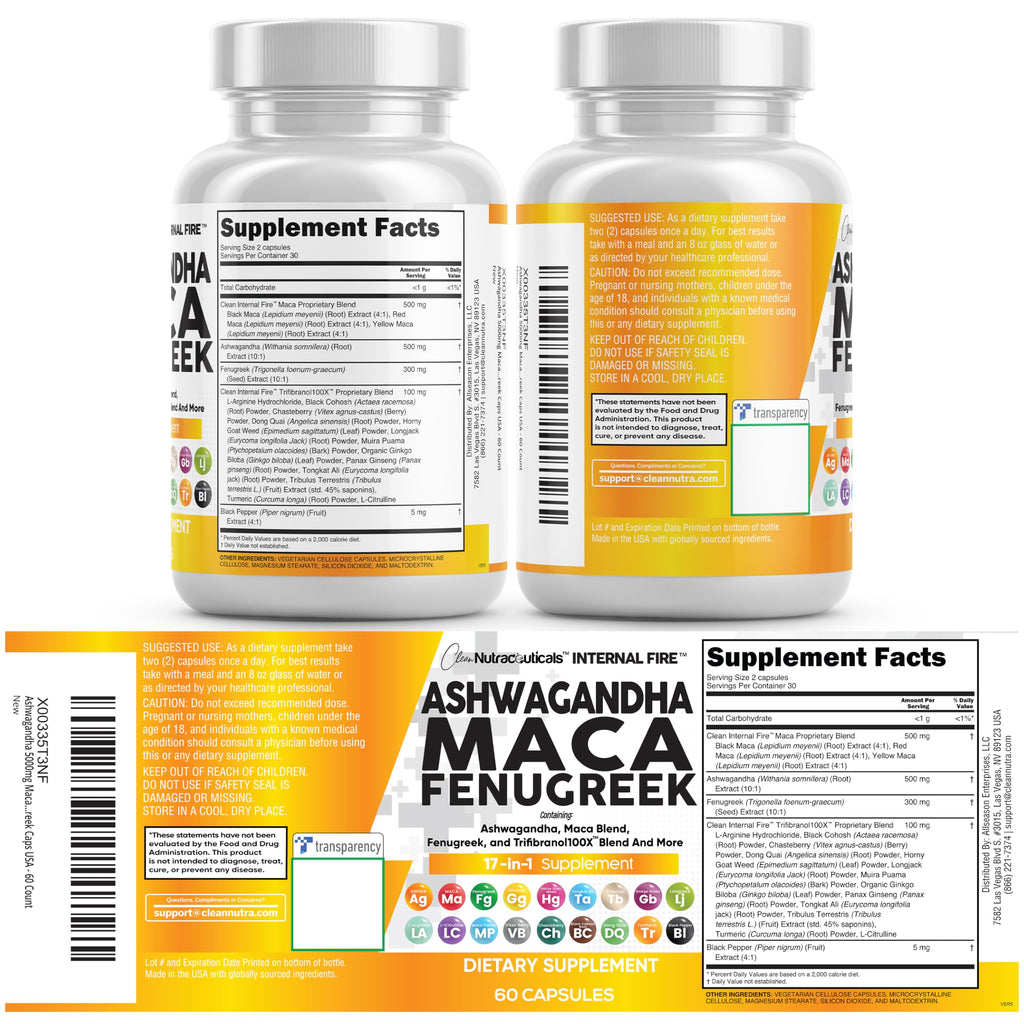 Clean Nutraceuticals Ashwagandha Maca Root Fenugreek Supplement with Tongkat Ali Ginseng - Assists with Stress, Mood & Thyroid - Ashwagandha Capsules Fenugreek Caps - 1 Pack
