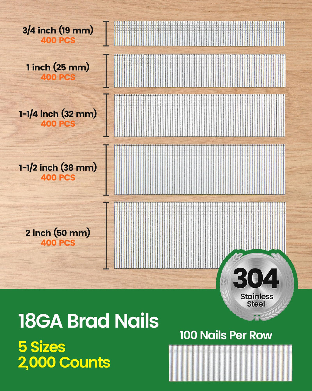 meite 18 Gauge Stainless Steel Brad Nails,3/4",1",1-1/4",1-1/2",2" 5 Boxes