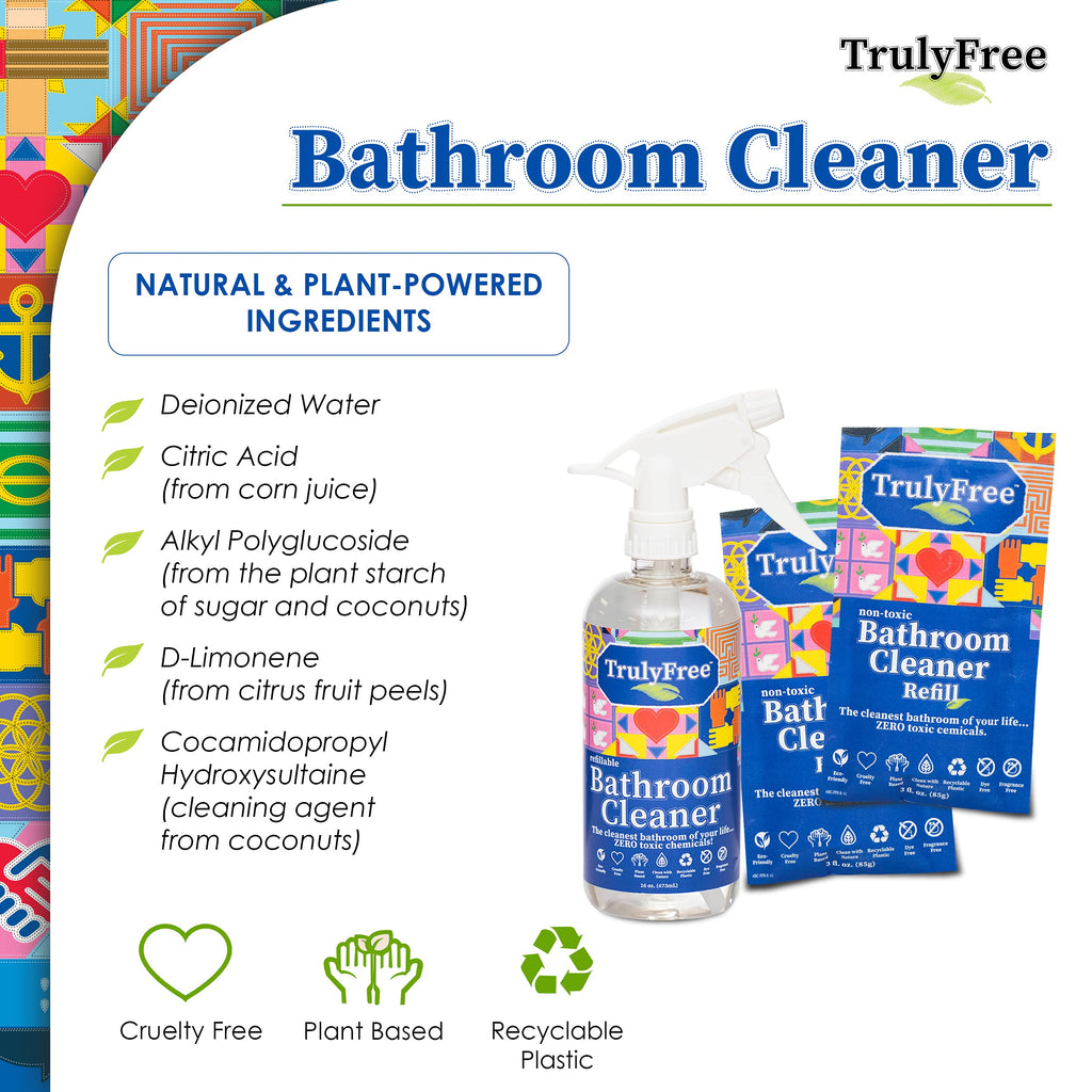 Truly Free All Natural Non-Toxic Bathroom Cleaner Spray, Organic Bath & Tile Cleaning Solution for Toilet, Sink, Tub & Shower, Refillable 2-Pack with 16oz Bottle + 2 Refill Pouches