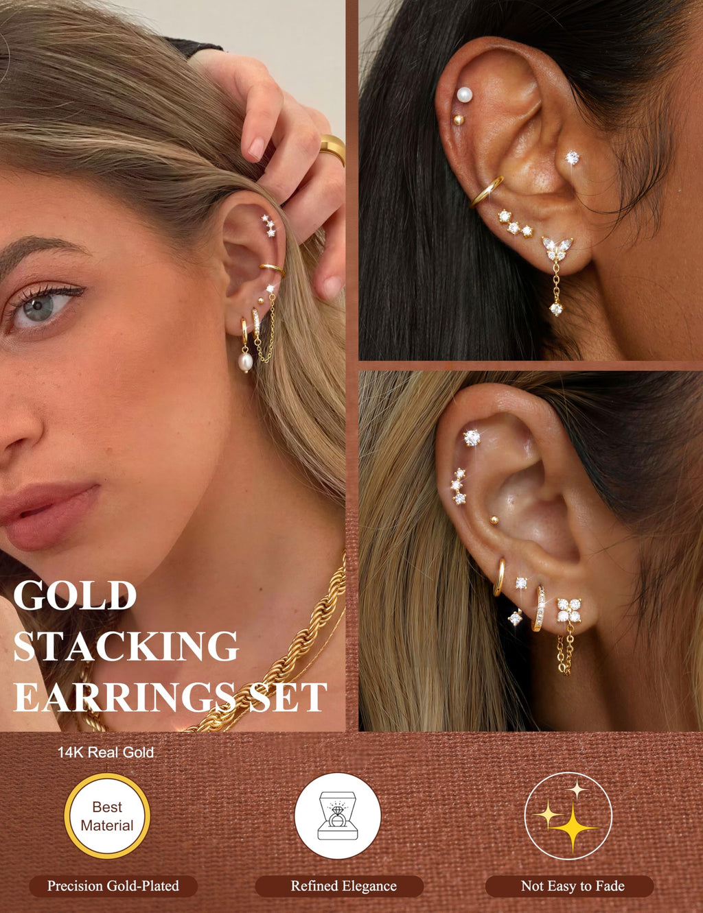 LOLIAS Hypoallergenic Flat Back Earrings Set for Women-Surgical Stainless Steel Earrings for Sensitive Ears-14K Gold Plated Chain Cartilage Earring Stacks Flatback Stud Hoop Earring Sets for Multiple Piercing Jewelry Gold