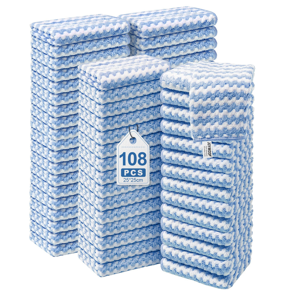 JOYMOOP 108 Packs Microfiber Cleaning Cloths, 10" x 10" Reusable Kitchen Towels, Lint-Free Cleaning Rags, Super Absorbent Cleaning Cloths for Kitchen, Car, and Household Cleaning, Blue