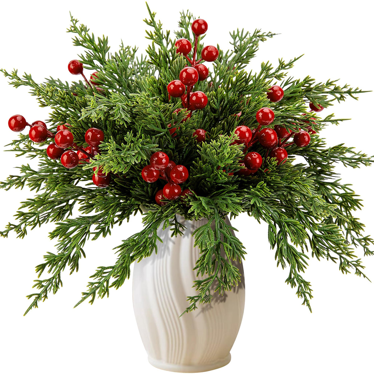 45 Pcs Christmas Artificial Pine Branches Red Berry Stems Faux Xmas Sprigs