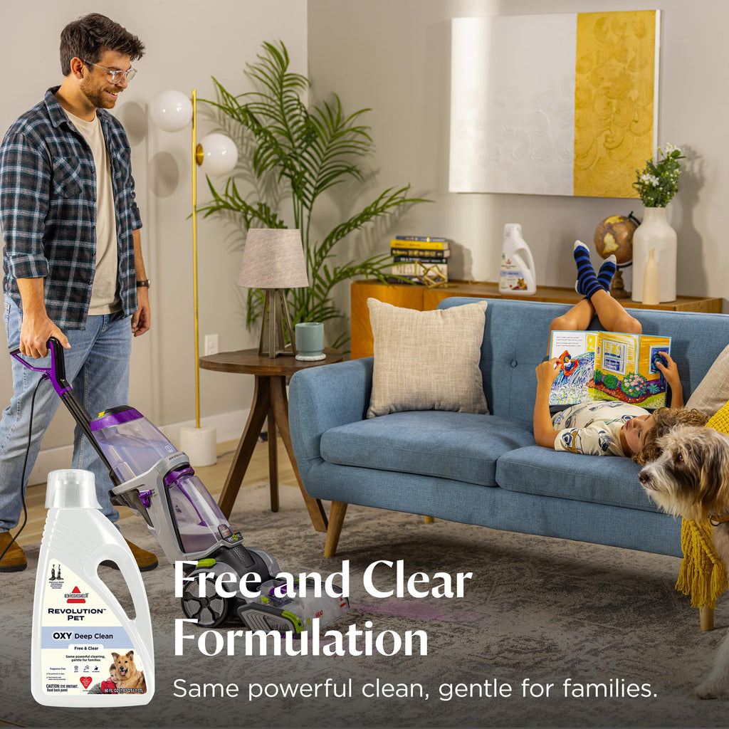 Bissell Free & Clear OXY Carpet Deep Clean Solution, for use in leading upright carpet cleaners, 60oz, Same powerful clean, gentle for families, Hypoallergenic formulation without dyes or fragrance
