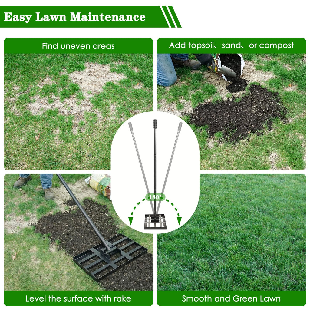 Tegarbed Lawn Leveling Rake 30x10 inch - Professional Ground Leveler for Soil & Sand, 6.5FT Ergonomic Long Handle Landscape Rake for Garden, Backyard, Top Dressing , Black