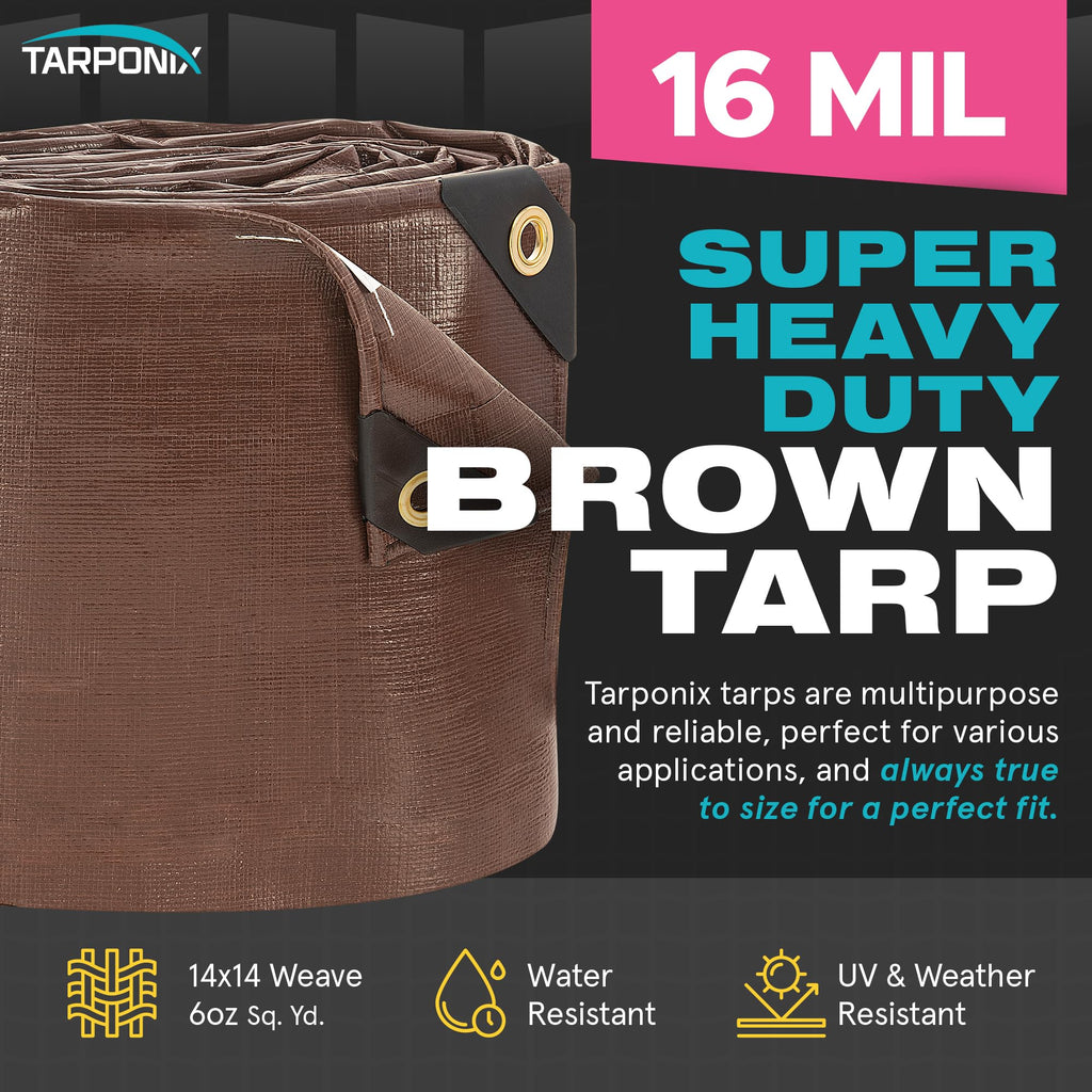 Tarponix Super Heavy-Duty Brown Tarp 6' x 20' – 16 Mil Thick, All-Weather Waterproof Cover with Reinforced Edges and Sturdy Grommets
