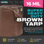 Tarponix Super Heavy-Duty Brown Tarp 6' x 20' – 16 Mil Thick, All-Weather Waterproof Cover with Reinforced Edges and Sturdy Grommets