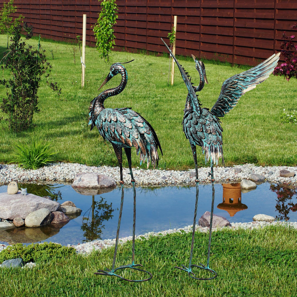 Large Garden Statues Set of 2, Metal Crane Sculptures, Bronze Heron Outdoor