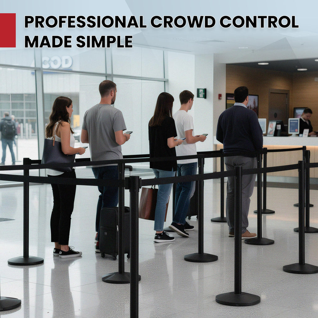 Crowd Control Warehouse Set of 2 Stanchion Retractable Belt Barriers, 11 Foot Black Belt Barrier with 40” Black Posts, Premium Crowd Control Barriers with Heavy Duty Concrete Base, CCW Series RBB-100
