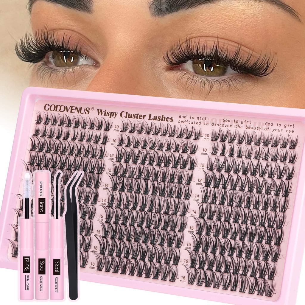 Goddvenus Lash Clusters Kit Wispy Eyelash Clusters Lashes Natural DIY Lash Extension Kit 10-16mm Cluster Eyelash Extensions Kit 300pcs C Curl Individual Lashes Cluster Eyelash (With Tweezers)