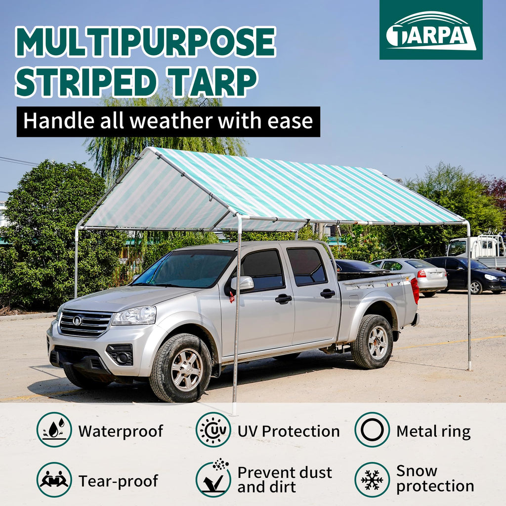 TARPAL Tarps 8x10 Feet Heavy Duty 12mil Tarp Waterproof Striped tarp Multipurpose Protective Cover Weather Proof,UV,Rip and Tear Proof（Green/White）