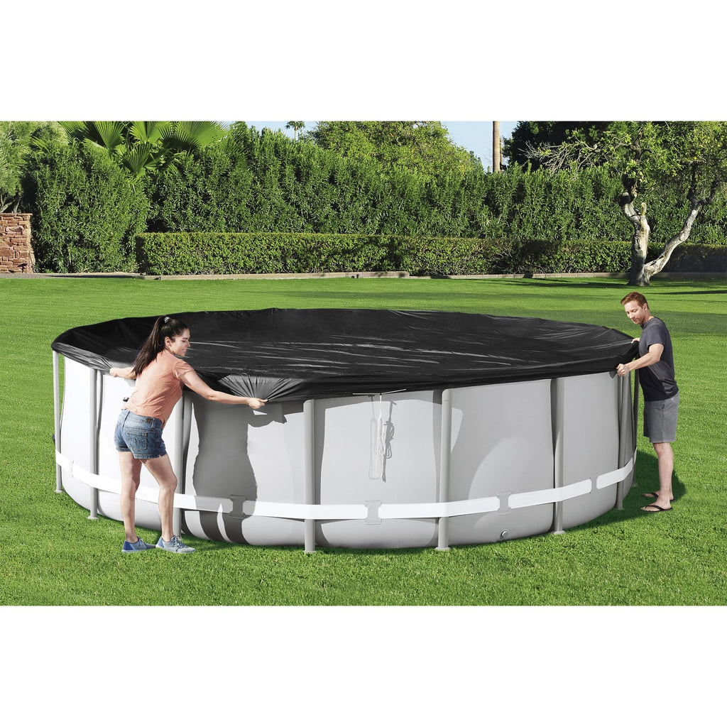 Bestway Round PVC 16 Foot Pool Cover for Above Ground Pro Frame Pools with Drain Holes and Secure Tie-Down Ropes, Black (Cover Only)