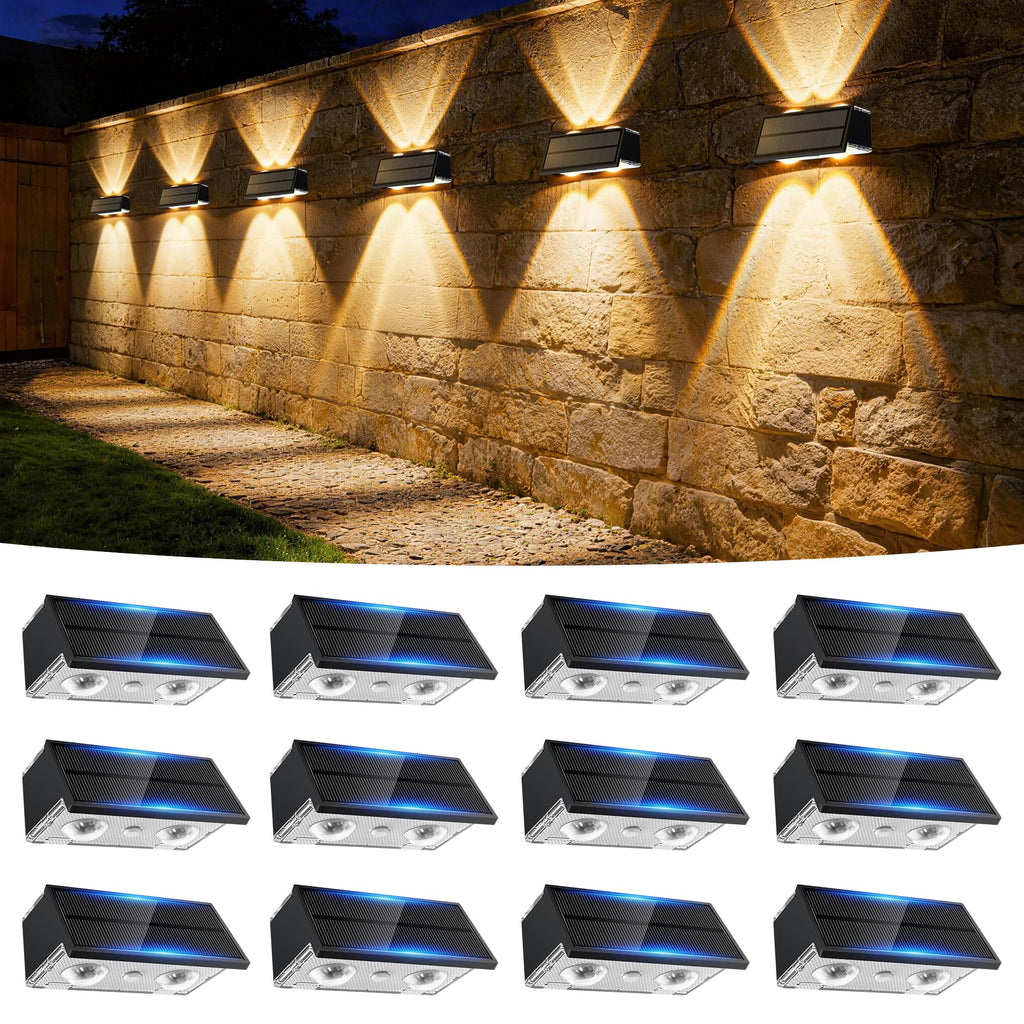 Toeuie Solar Fence Lights Outdoor, 12 Pack 100LM Fence Lights Solar Powered Waterproof, 9 Color Modes, Up & Down LED Focused Beam, 12H Dusk to Dawn Glow for Pool/Patio/Wall/Backyard - Black