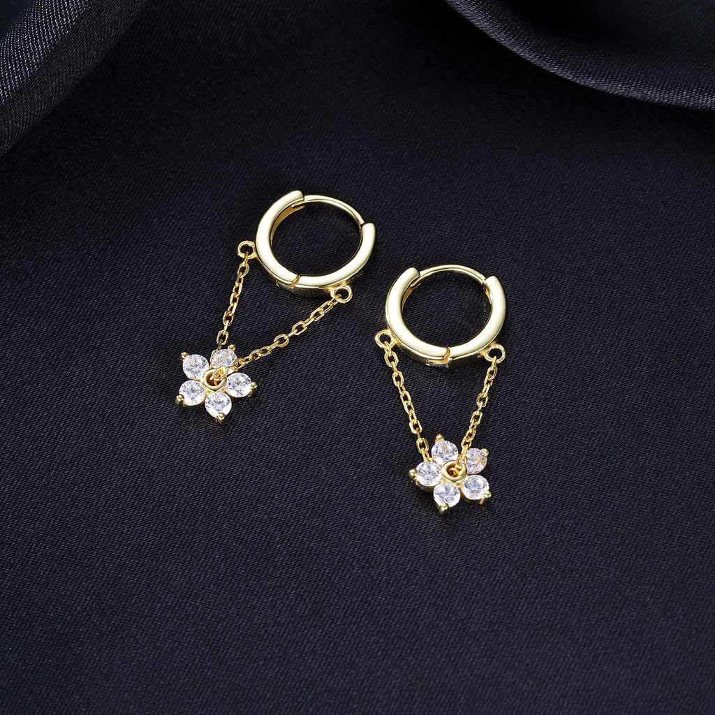Reffeer 925 Sterling Silver Flower Chain Drop Earrings Hoop for Women Teen Girls Huggie Hoop Dangle Earrings Chain (B-Gold)