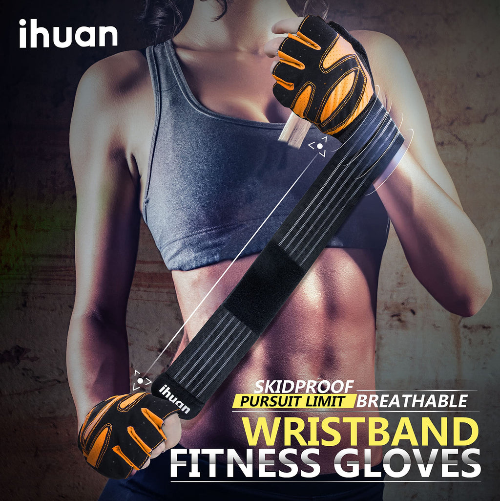 ihuan Ventilated Weight Lifting Gym Workout Gloves with Wrist Wrap Support for Men & Women, Full Palm Protection, for Weightlifting, Training, Fitness, Hanging, Pull ups (Orange, S)