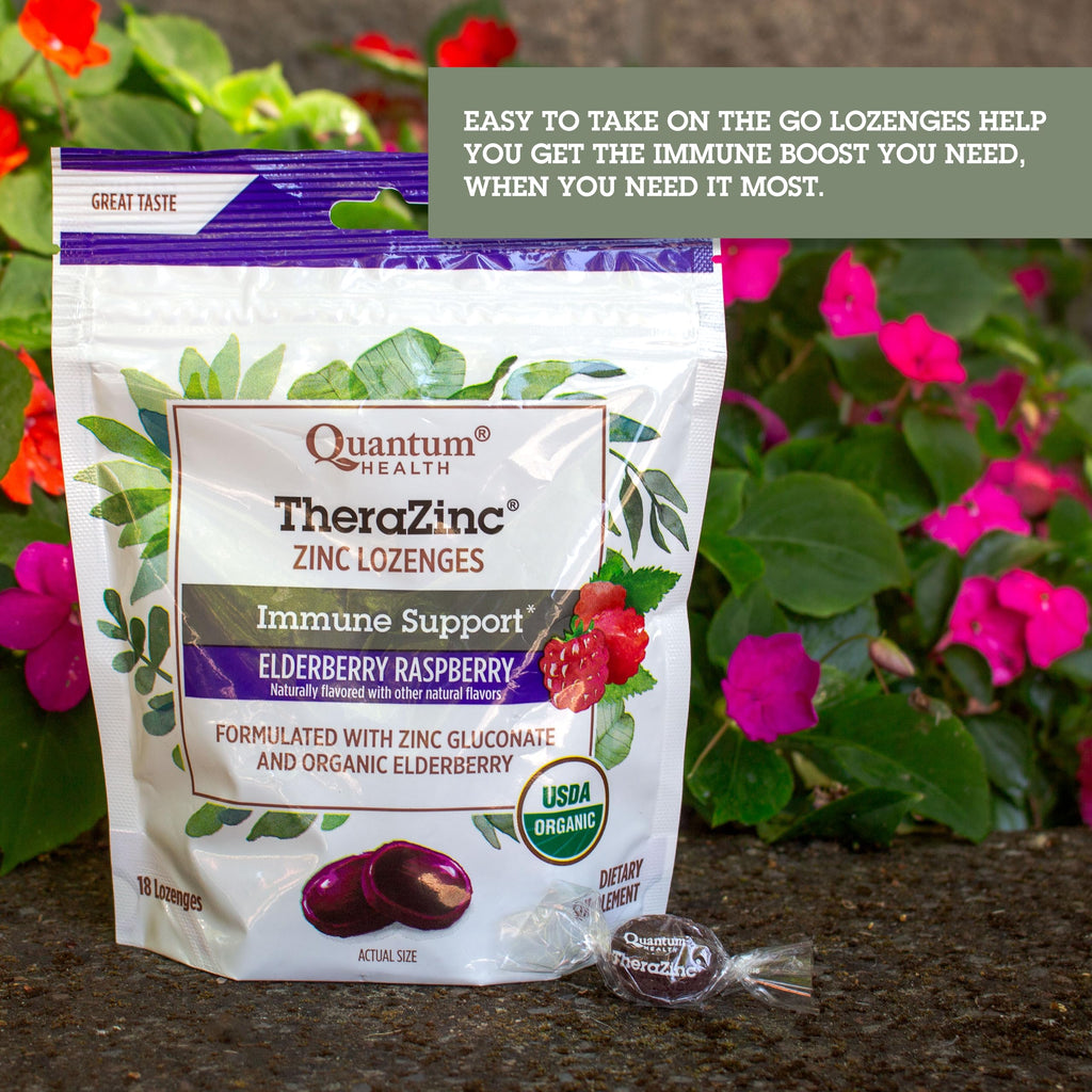 Quantum Health TheraZinc Organic Zinc Lozenges, Elderberry Sambucus Raspberry & Honey, Immune Support for Adults & Kids 12+, Fast Relief, No Aftertaste, 18 Count (Package May Vary) (Pack of 2)