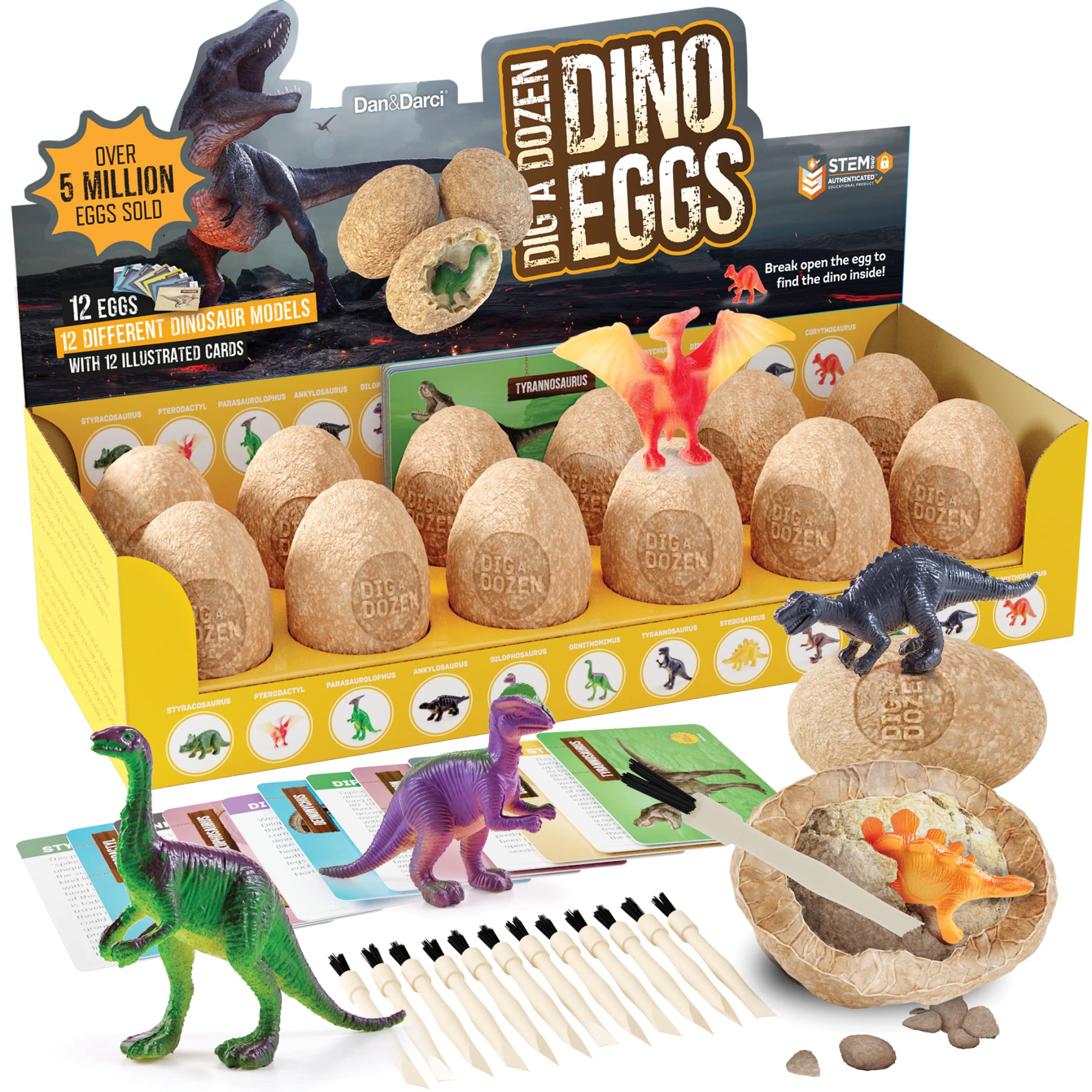 Dan&Darci Dig a Dozen Dino Egg Kit for Kids - Dinosaur Toys Gift 3-12 Year Old - 12 Eggs & Surprise Dinosaurs - Basket Stuffers - Science STEM Activities - Boy Toy Party Gifts for Boys & Girls