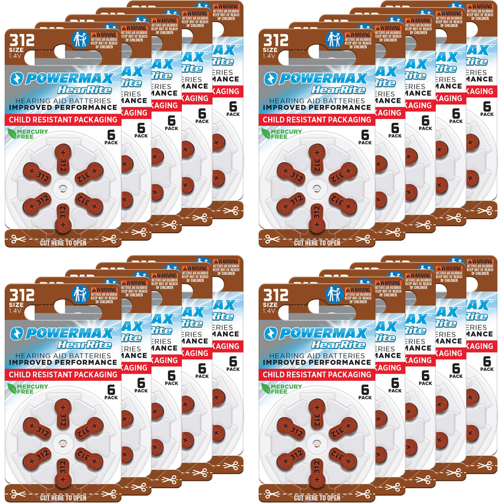 Powermax Size 312 Hearing Aid Batteries, 120 Count Long-Lasting Battery Pack, Brown Long Tab for Easy Change