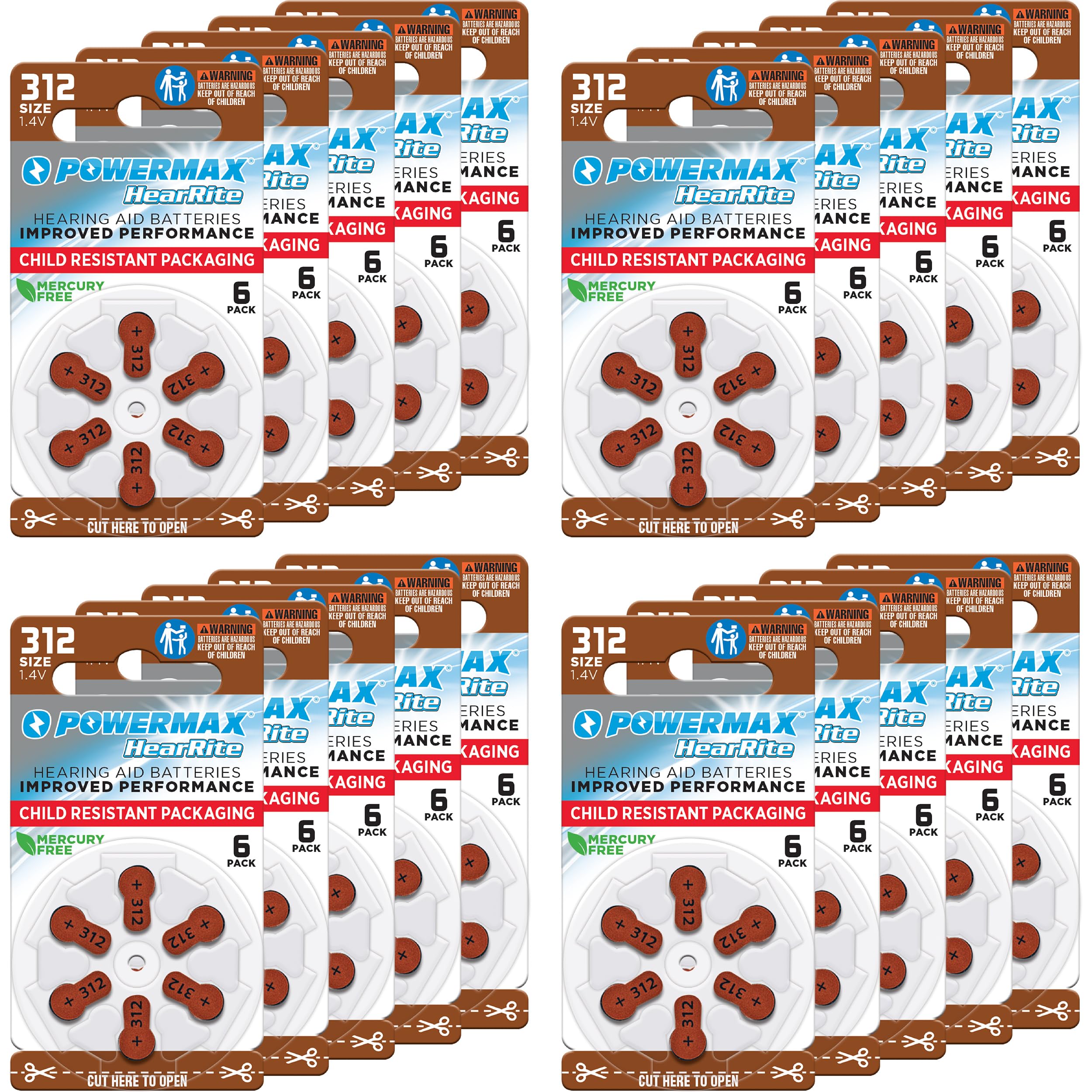 Powermax Size 312 Hearing Aid Batteries, 120 Count Long-Lasting Battery Pack, Brown Long Tab for Easy Change