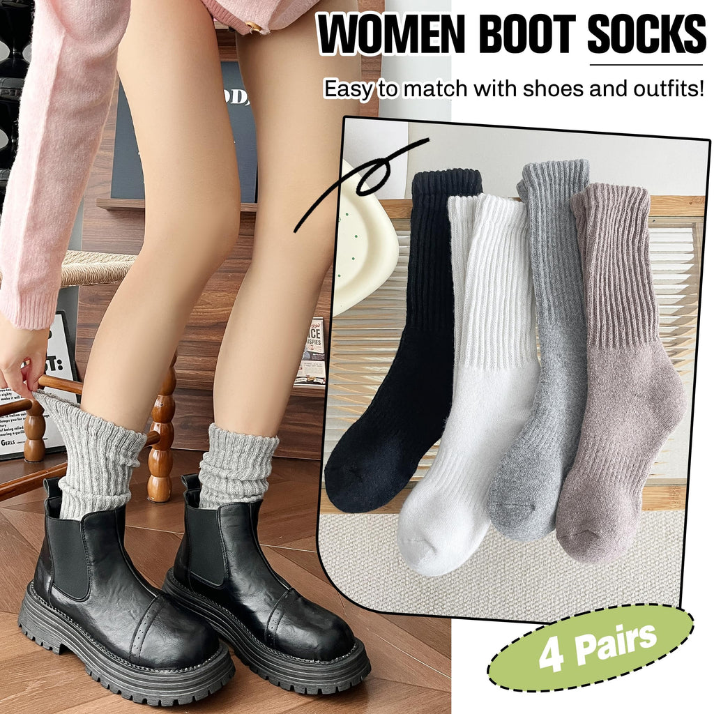 EBMORE Womens Merino Wool Slouchy Boot Socks Thermal Warm Winter Thick Scrunch Slouch Cozy Crew Gifts Socks 4 Pairs Stocking Stuffers(Black/khaki/Grey/White,M)