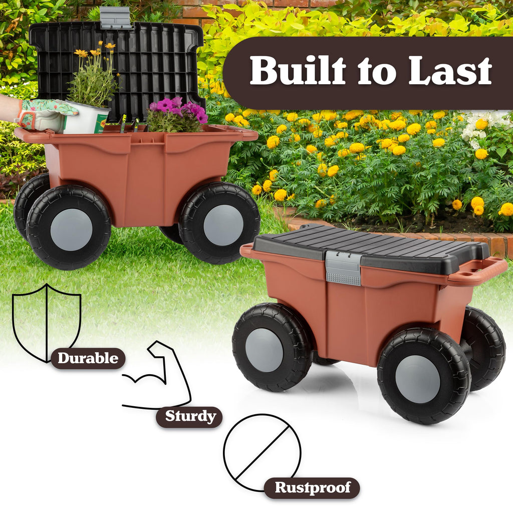 Pure Garden Rolling Garden Cart with Seat, Terracotta
