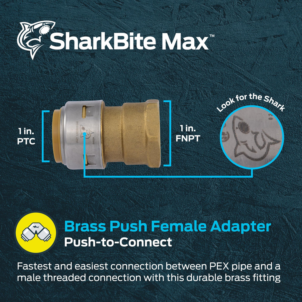 SharkBite Max Female Adapter, 1 in Push-to-Connect x 1 in FNPT, Brass Plumbing Fitting, UR094A