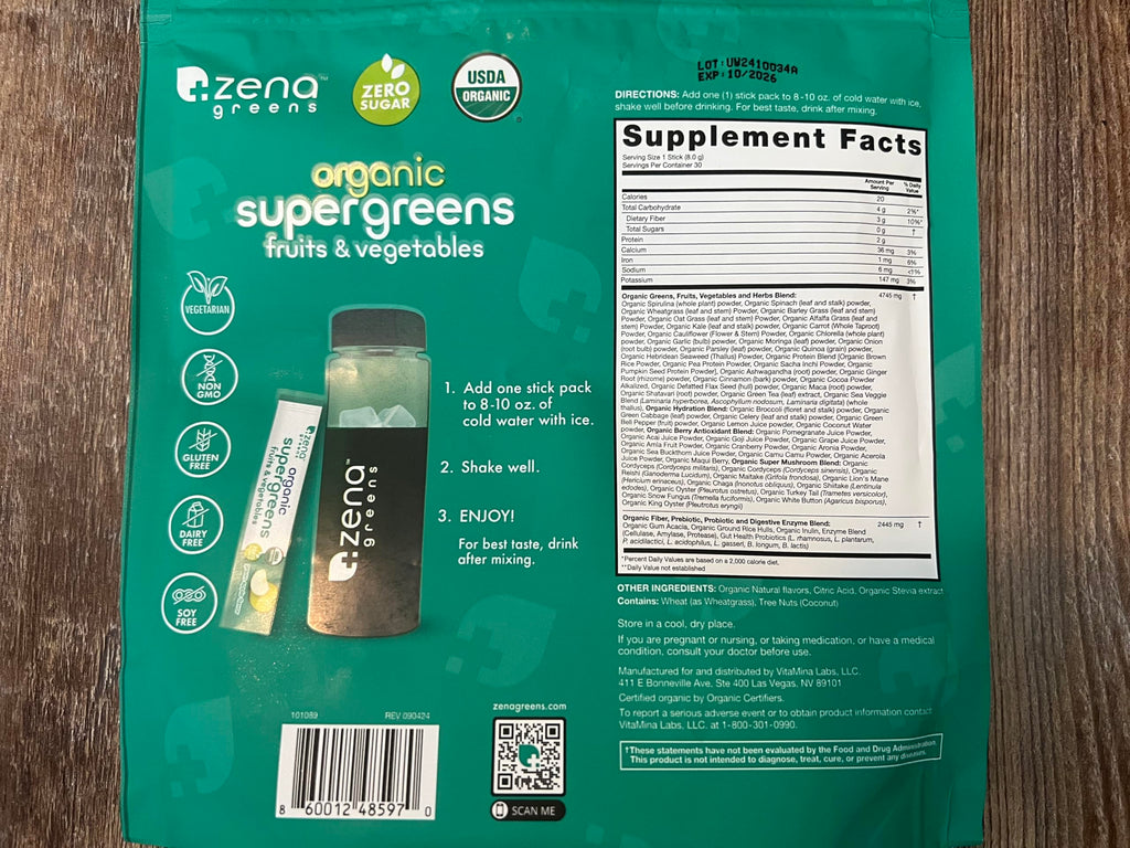 Zena Nutrition Organic Super Greens Powder, 70+ Superfoods, 0 Sugar, 3g Fiber, Spirulina, Chlorella, Mushrooms, Prebiotics/Probiotics, Digestive Enzymes, Gut Health, Green Apple, 30 Drink Mix Packets