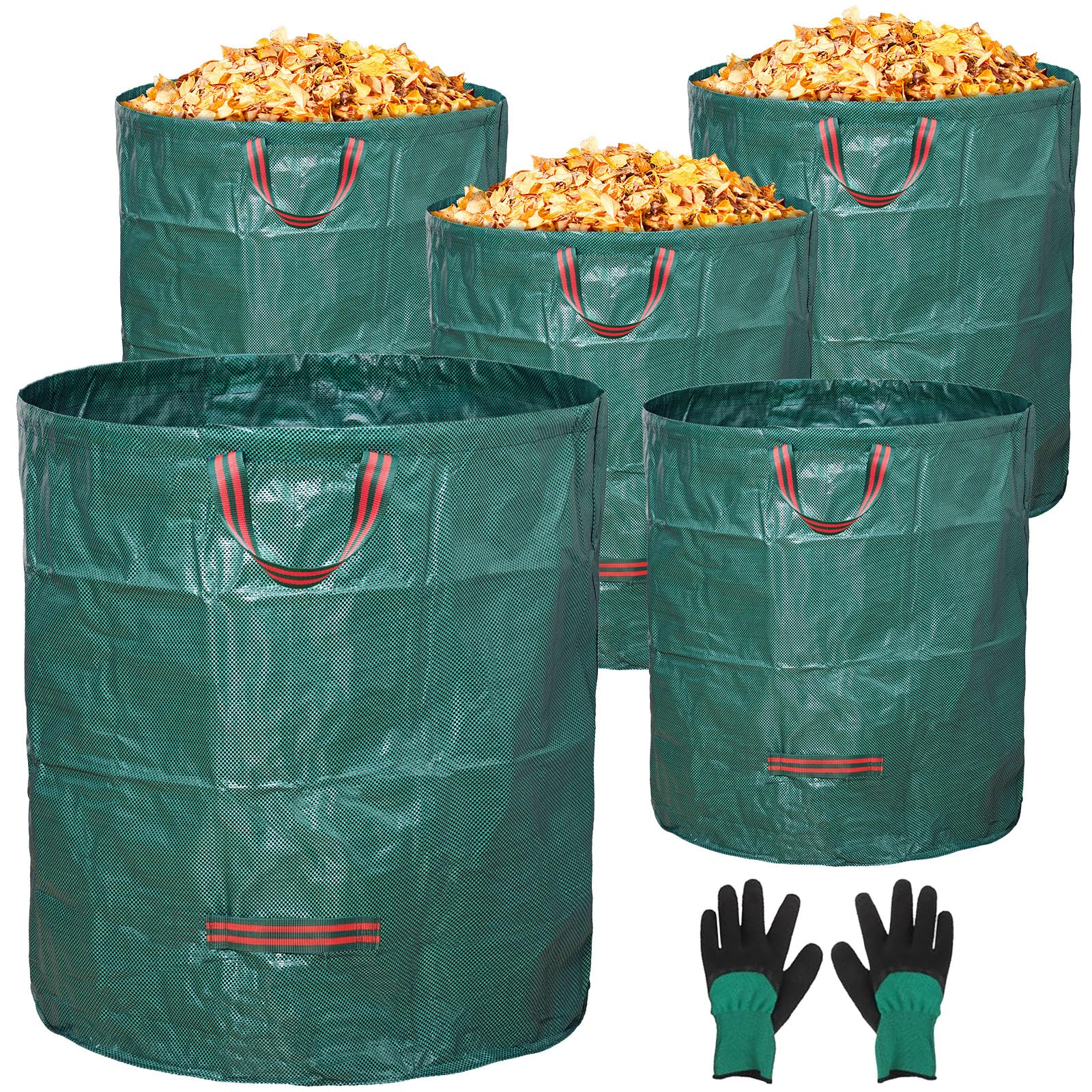 5-Pack 72 Gallon Yard Waste Bags,Reusable Collapsible Garden Leaf Bags with Plastic Ring,Standable,with Gardening Gloves,for Camping & Recycling Leaves,Lawn Debris & Grass Clippings